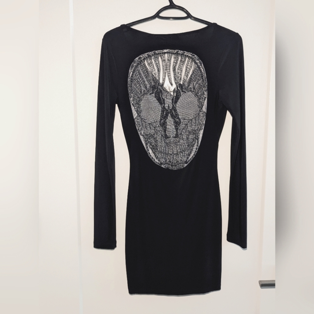 Skull mesh back v neck black mini dress size S